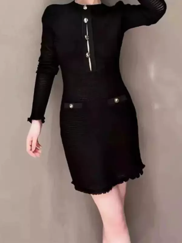 Minivestido ahuecado de manga larga para mujer, de una sola botonadura vestido elegante, cuello redondo, primavera 2024
