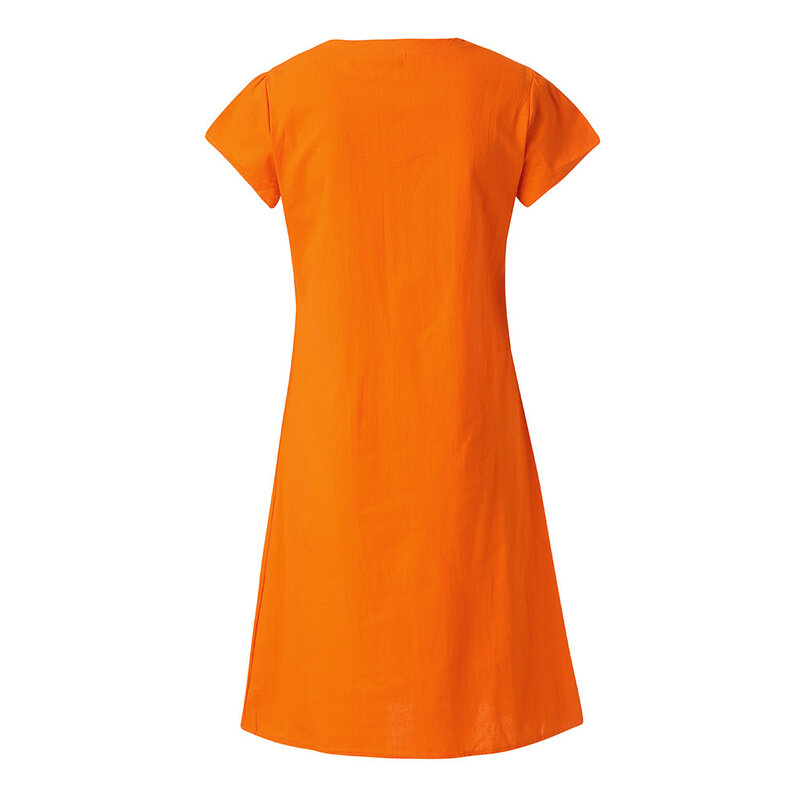 Женское винтажное платье с V-образным вырезом, однотонное свободное платье до колена с коротким рукавом, элегантное пляжное платье, лето 2023