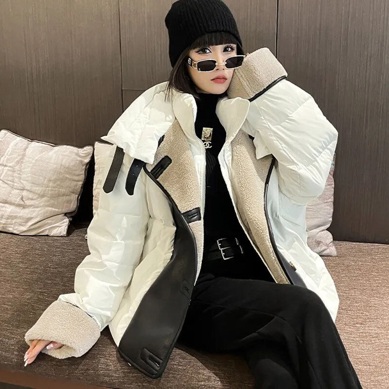 New High-End Light Luxury Women's Down Jacket Winter Warm Fur One Splicing 90% White Duck Down Coat Female Cold Parker Outerwear