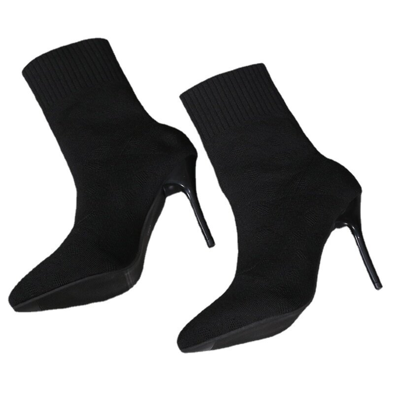 Botas de tacón alto con punta abierta para mujer, botines de calcetín cálidos, talla grande, a la moda, Invierno