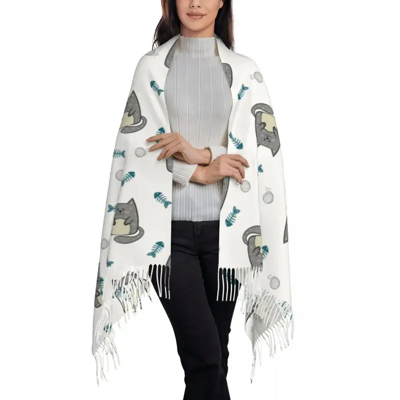 Gatti grigi con scialle di Pashmina da donna di pesce avvolge la sciarpa con frange lunga e grande