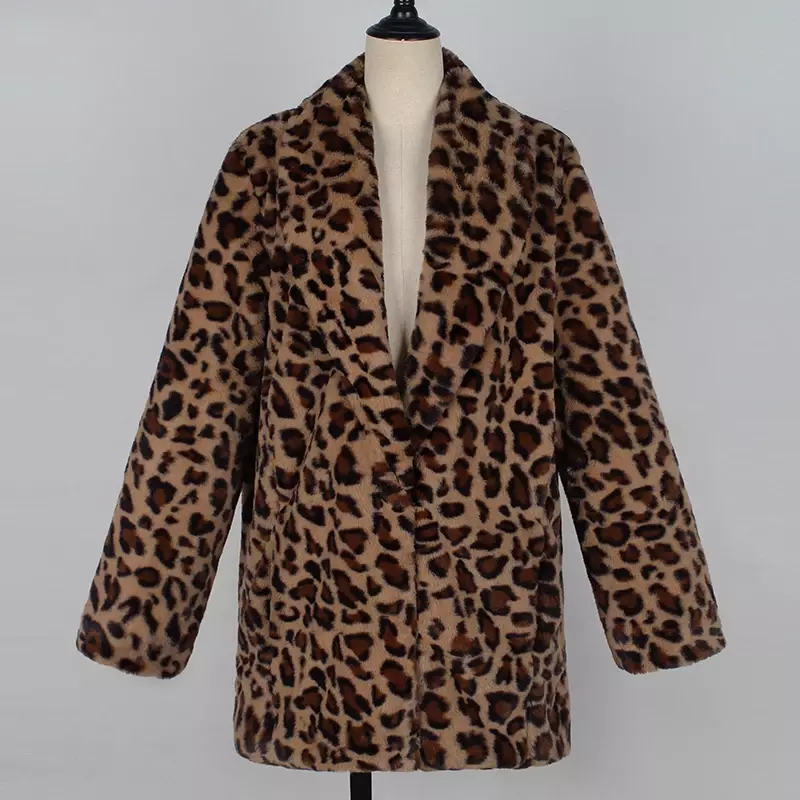 Casaco feminino com estampa leopardo de pele sintética, manga comprida, jaqueta artificial, roupa de pelúcia grossa e quente, casacos de luxo, moda, inverno