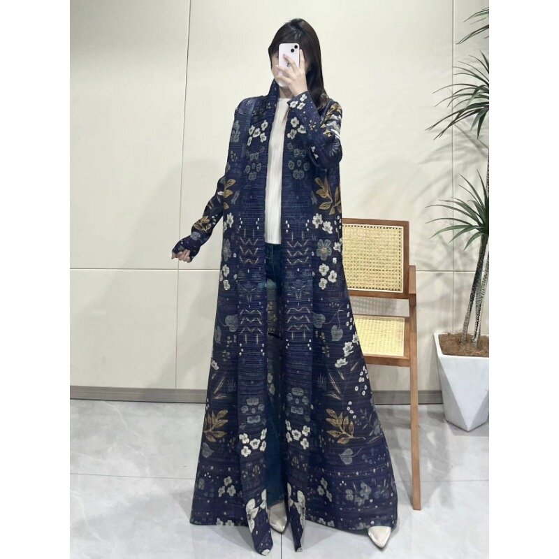 Miyake Pleated Turndown Collar Long Sleeve Cardigan Dress Women 2024 New Abaya Fashion Original Designer Vintage Printed Coat