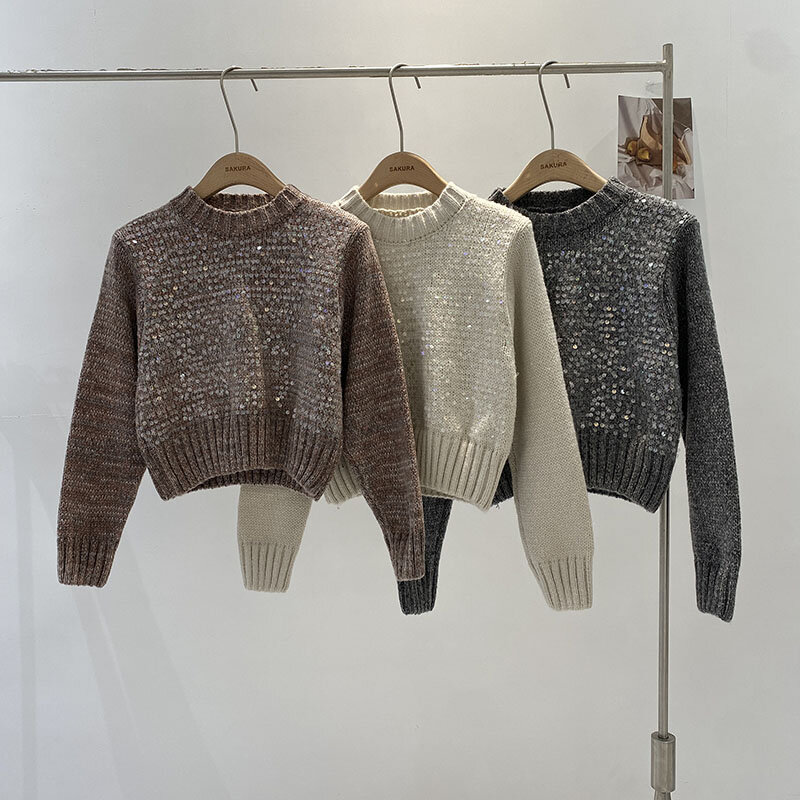 Miiiix 귀여운 라운드넥 풀오버, 다용도 스팽글 짧은 니트 스웨터, 한국 패션 2024, 가을 겨울