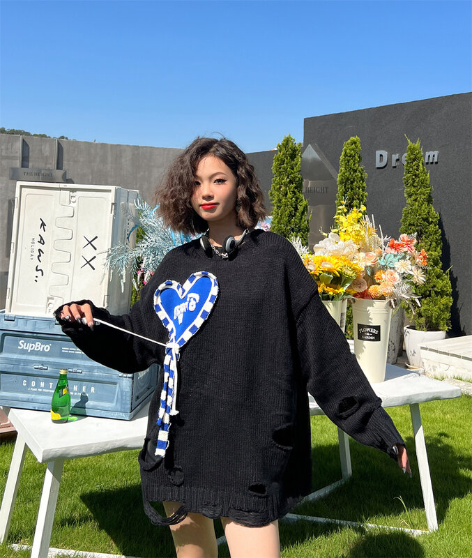Gaya Korea rajutan tertekan atasan keluaran baru musim gugur Pullover lengan panjang pakaian malas gaya Streetwear sweter wanita X005