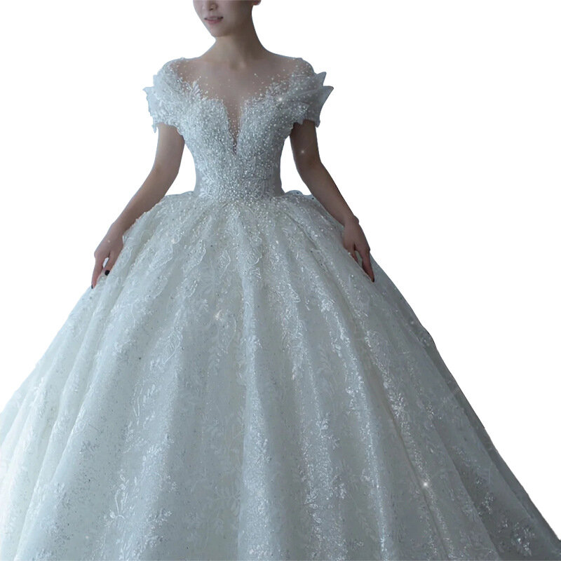 D120 Prinzessin sexy Luxus Kristall Perlen Hochzeits kleid Puff Tüll weiß Brautkleid einfache Braut Kleid Frauen