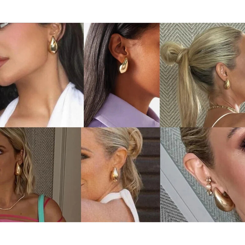 Metal Gold Chunky Water Drop Half Empty Earrings for Women Teardrop Lightweight Smooth Waterdrop Hoop Earrings Trendy Jewelry