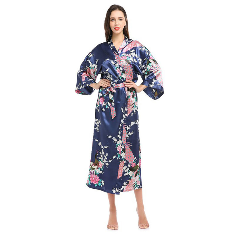 Jubah Kimono Satin Sutra Wanita Gaun Pakaian Tidur Panjang Pola Cetak Merak Bunga Jubah Mandi Pengiring Pengantin Pernikahan Pesta