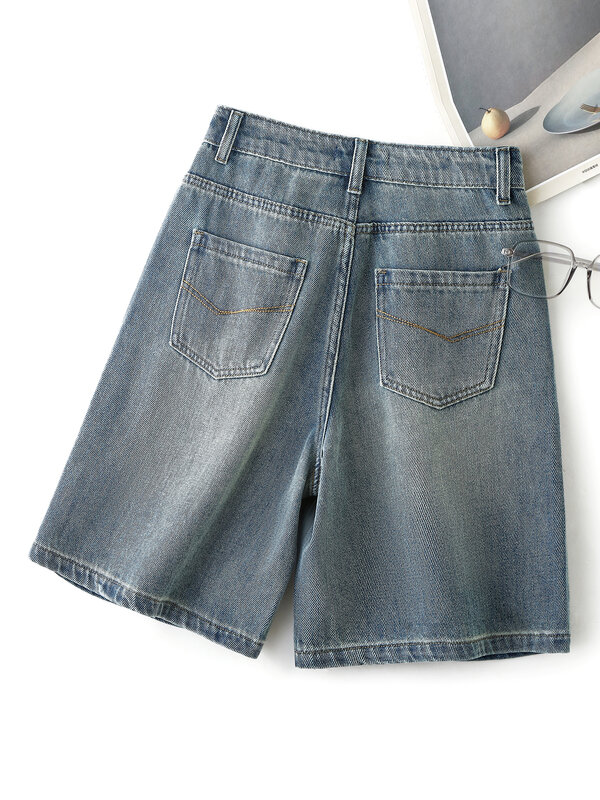 Shorts jeans reto feminino com bolsos, jeans de verão, novo, 5 pontos, 2022