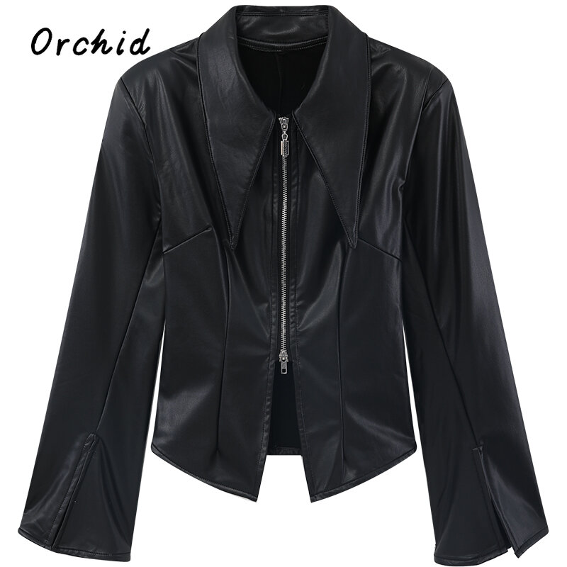 2023 Hotsweet Fashion Lapel Asymmetrical Leather Jacke Slim Tops Women Y2K Locomotive Harajuku Long Sleeves Zipper Shirt Top