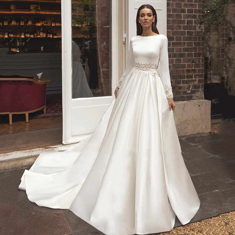 Sexy Mermaid Wedding Dresses Fascinating Gorgeous Satin Simple Long Sleeved Backless Mopping Train Beach Bridal Dresses 2023