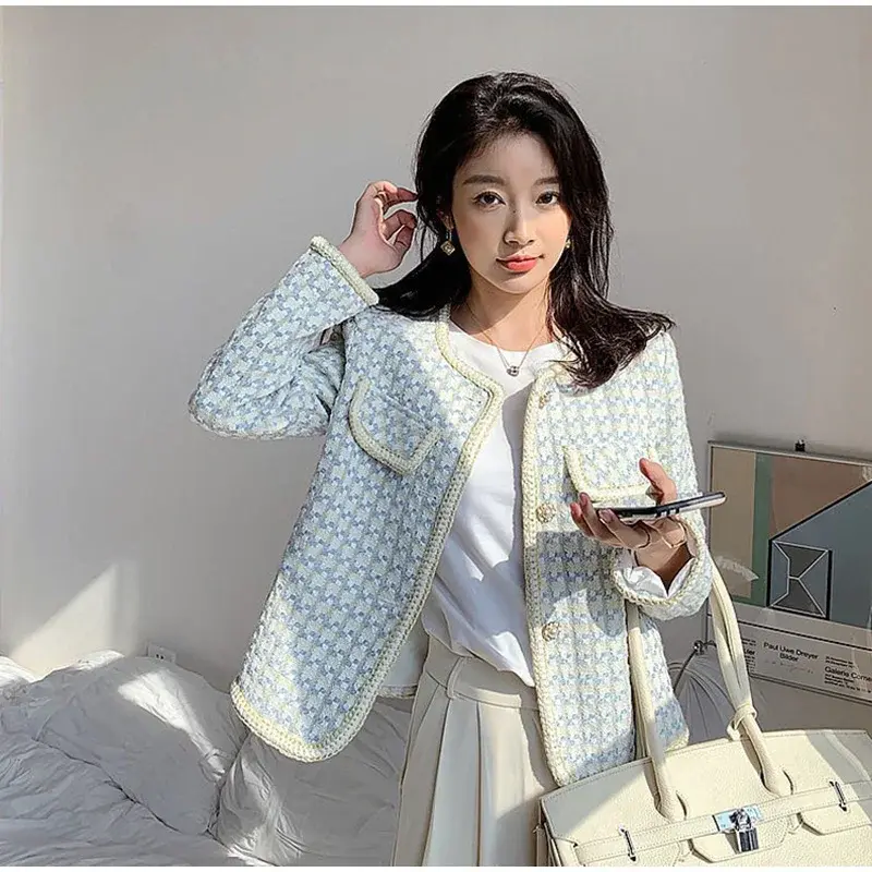 French Vintage Woman Small Fragrance Tweed Jacket Top Cardigan Coat Autumn Button Female Packet Elegant Plaid Short Outwear