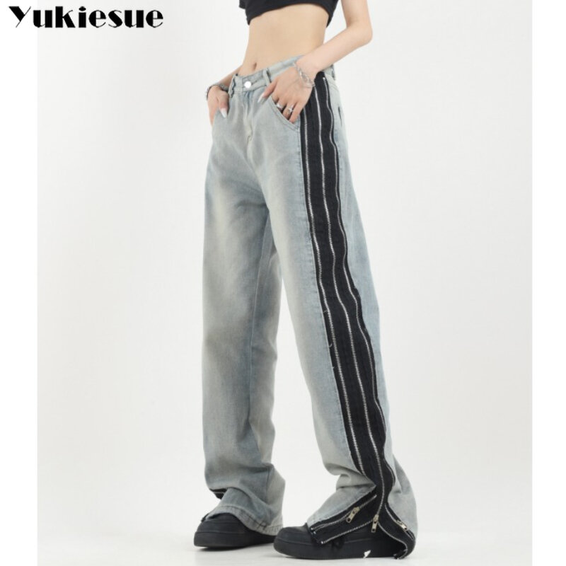 Прямые женские джинсовые брюки Y2K, модель сезона лето-осень 2023 года, женские джинсы, модные широкие брюки в стиле ретро с боковой полосой на молнии, в американском стиле