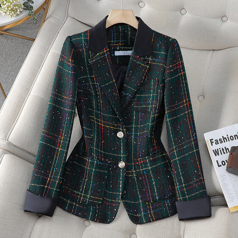 Terno curto de Tweed xadrez feminino, blazer casual para senhoras, manga comprida preto e branco, casaco verde, casaco para outono, nova moda