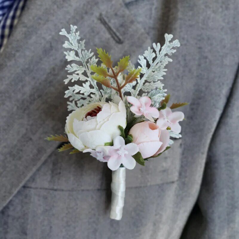 흰색 인공 부토니에르 손목 코사지 꽃, 웨딩 액세서리
