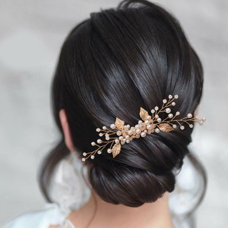 Gold Color Leaf Hair Combs Jewelry Rhinestone Pearl Hair Comb Tiaras Women Headpiece Wedding Bridal Hair Jewelry Accessories