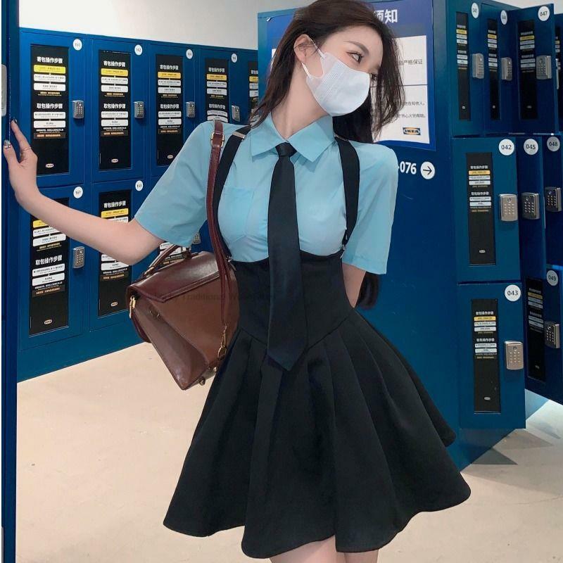 Korean Style Jk College Uniform Suit Sweet Hot Girl Spring Summer Jk Suit short-sleeved Shirt Waist Pleated Back Skirt Two Sets