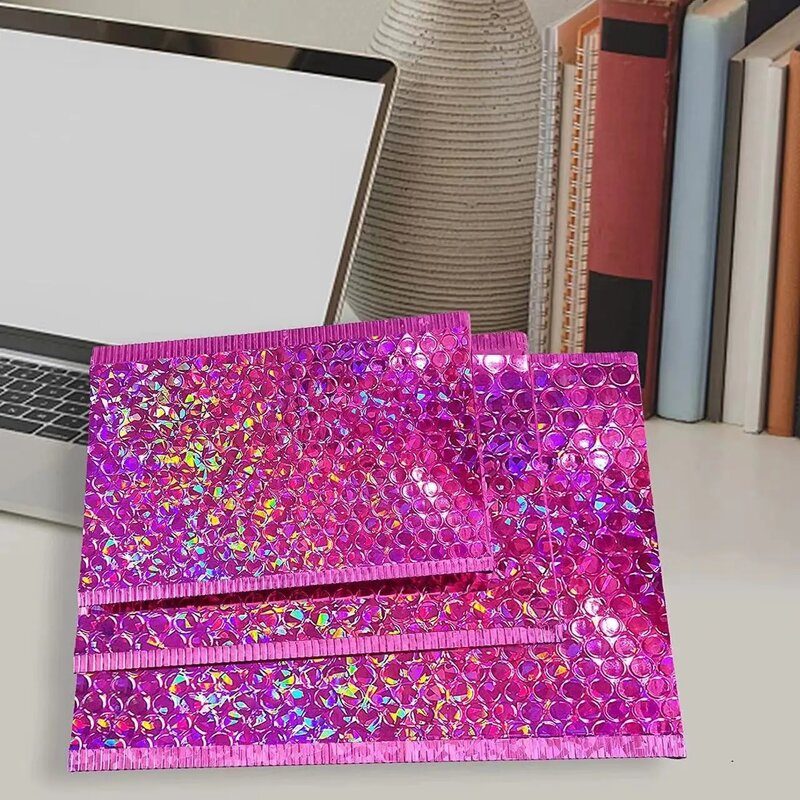 Sobre de correo de burbujas holográficas, bolsa de mensajería impermeable, sobres acolchados de burbujas, bolsa de envío, color rosa y rojo, 50 piezas