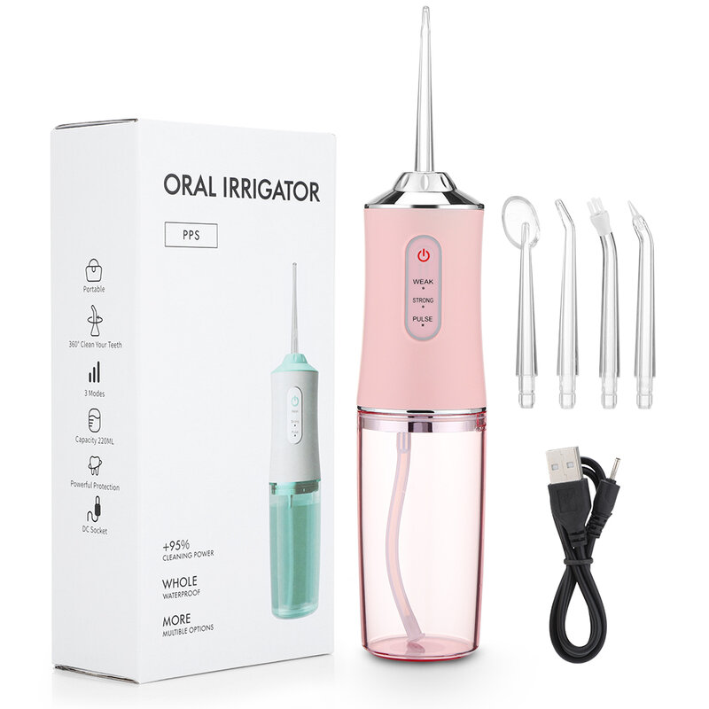 Irrigador Oral portátil, hilo Dental con chorro de agua, recargable por USB, 4 puntas de chorro, 220ml, 3 modos, IPX7, 1400rpm