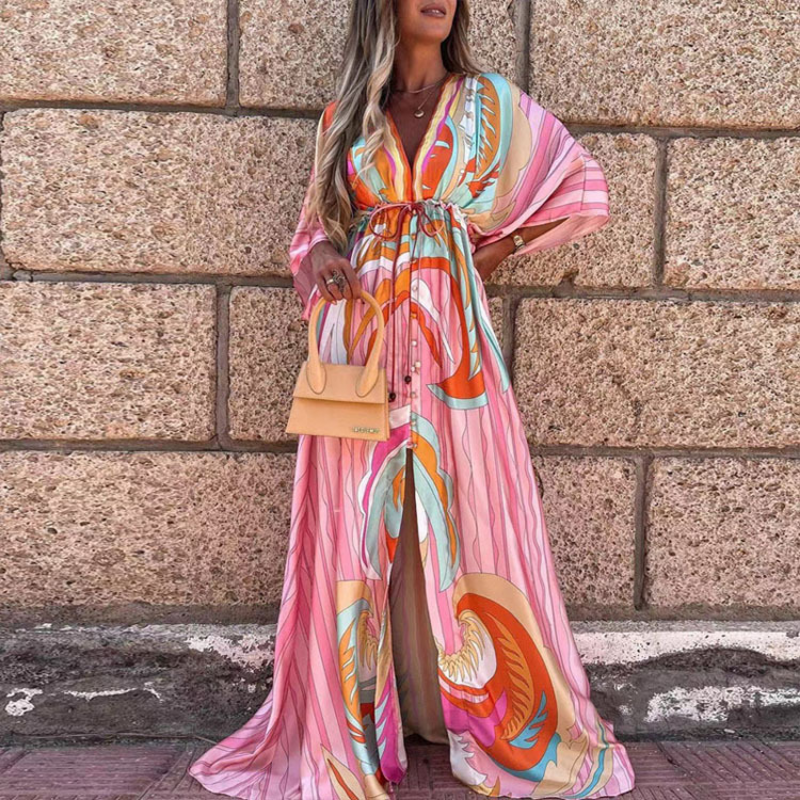 프린트 이슬람 루즈 맥시 드레스, 여성 패션 캐주얼 중동 이슬람 긴 소매 V 넥 벨트 슬릿 바닥 길이 드레스