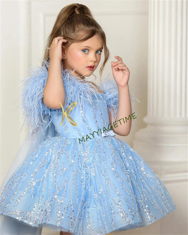 Feather Girl Dresses Blue Boat Neck Spark Flower Girl Dress Knee Length Girl Party Dress Kid Gown First Communion