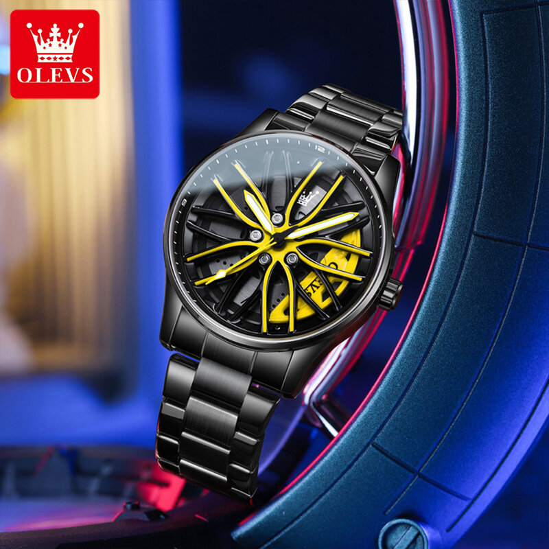 OLEVS-Relógio de pulso masculino esportivo carro aro quartzo, relógio de luxo, luminoso, impermeável, mostrador clássico, roda giratória, Top Brand