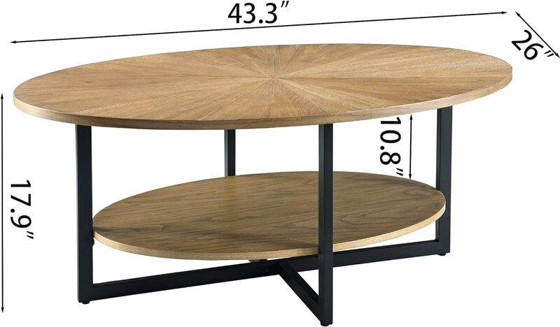 金属製の脚が付いた頑丈な木製の楕円形のコーヒーテーブル、オープンシェルのモダンな工業用センターテーブル、カクテルテーブル、43.2インチ