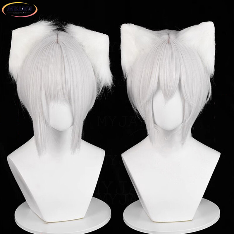 Tomoe Wig Cosplay Anime Tomoe, rambut sintetis uniseks pesta Halloween + topi Wig tahan panas pendek perak putih