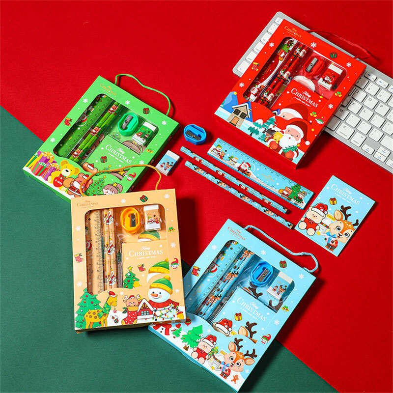 Ensemble de fournitures scolaires de dessin animé pour enfants, ensemble de papeterie de Noël, crayons, gomme, règle, couteau, bloc-notes, cadeau de Noël, 6 pièces par ensemble