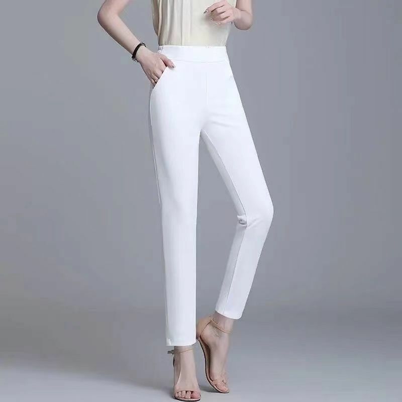 Czarny biały kolor wysoki Strecth wiosna lato ołówek spodnie kieszeń dekoracja elastyczny pas Plus rozmiar trzy czwarte dorywczo spodnie