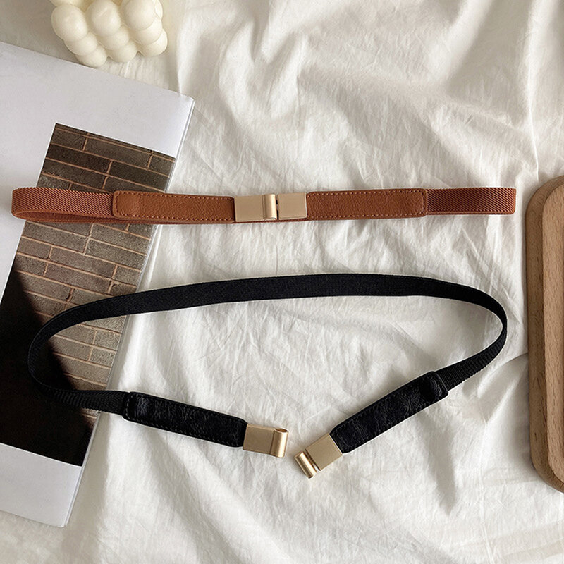 Cinturilla de cuero para mujer, accesorios de decoración, Cinturón fino que combina con todo, hebilla dorada elástica