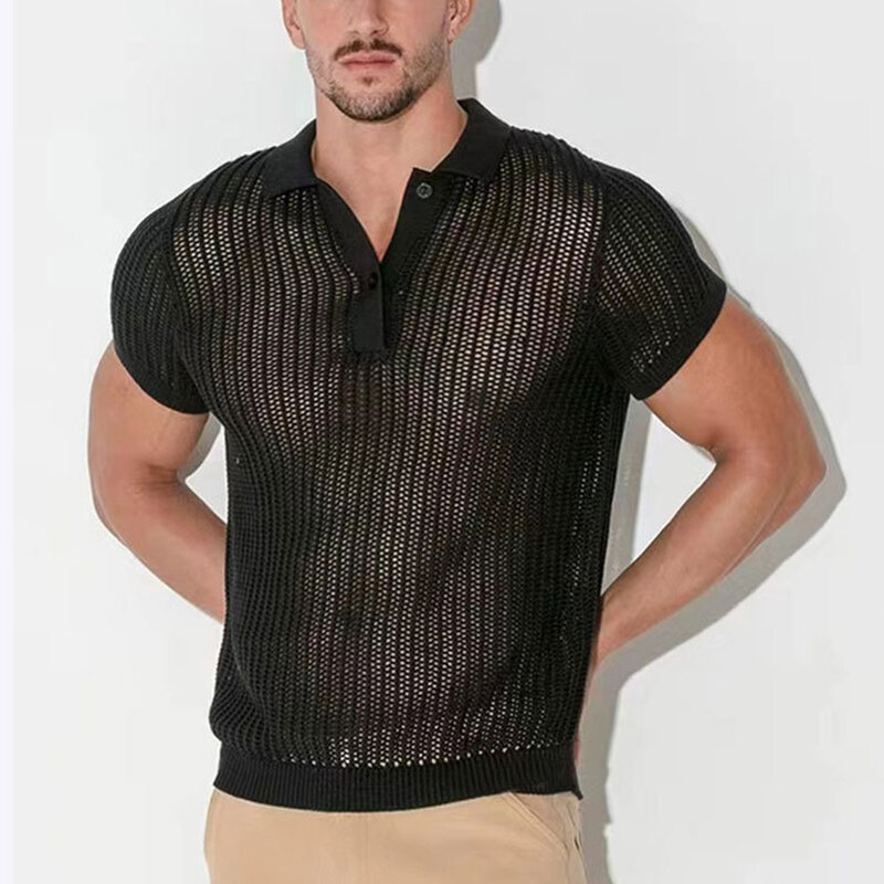 Shirt Tops Fashion Streetwear Ribbed Knitted Sexy See Throughm Hollow Out Short Sleeve Shirt Slim Fit Comfy Fashion