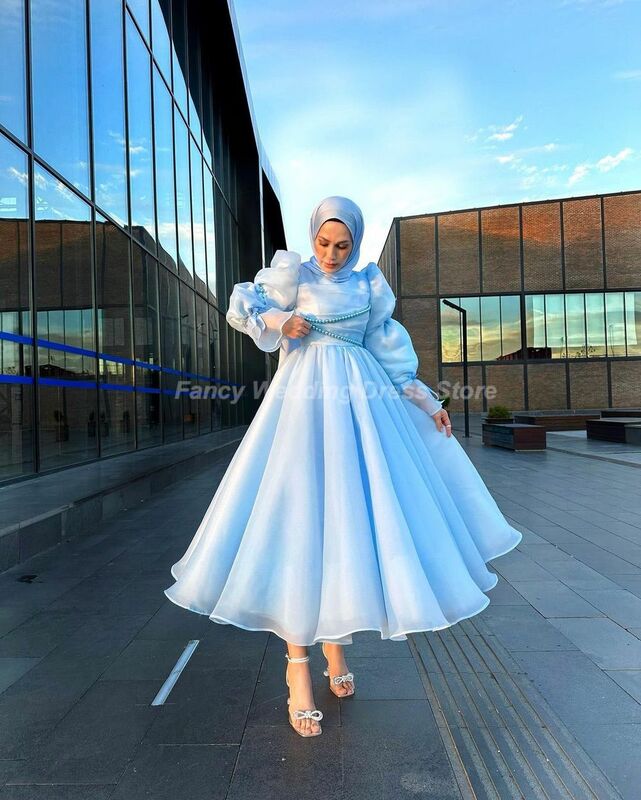 فستان زفاف إسلامي أزرق عتيق فاخر ، كم طويل ، فستان زفاف أورجانزا ، لؤلؤ مع حجاب ، فساتين مناسبة رسمية ، فساتين سعودية