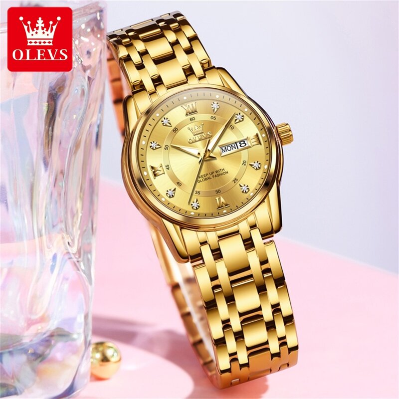 Ollevs นาฬิกาควอทซ์สีทองสำหรับผู้หญิง, นาฬิกาสายเหล็กกันน้ำ30เมตรสำหรับผู้หญิงนาฬิกาผู้หญิง relogio feminino