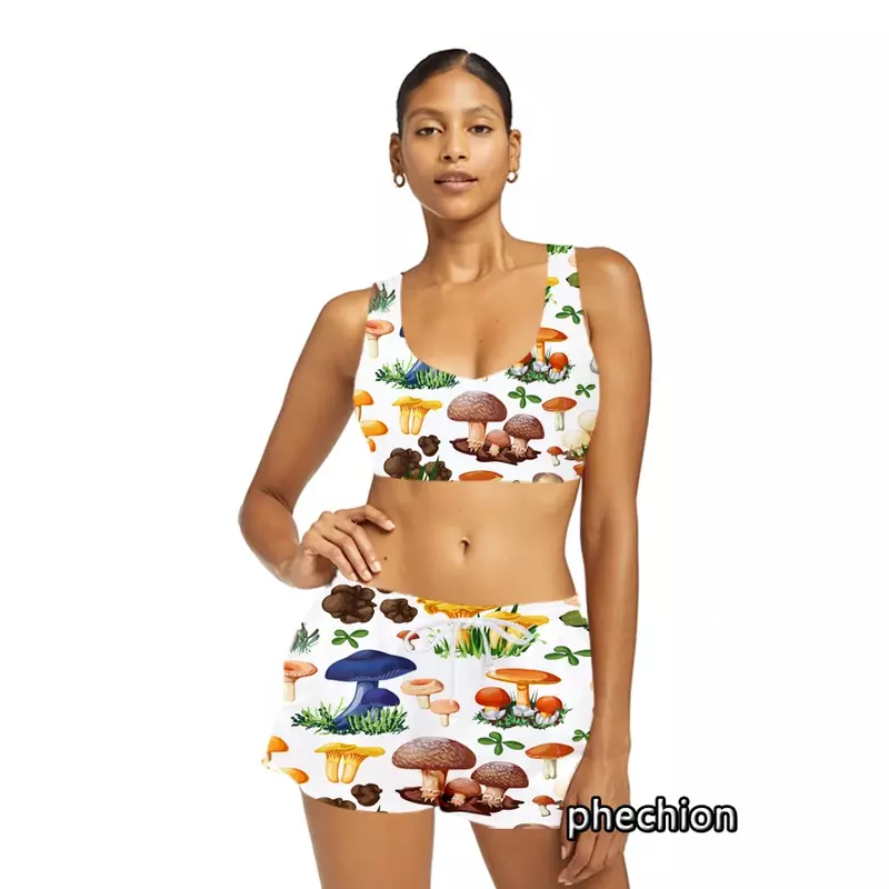 Phechion 스포티 한 반바지 운동복 여성 버섯 3D 인쇄 캐주얼 조끼와 패션 반바지 투피스 여름 매칭 정장 F04