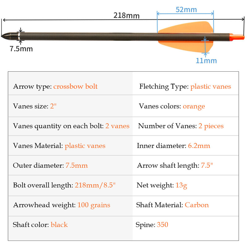 Parafusos de flecha de carbono, flecha para caça, tiro, penas plásticas, 7,5 ", 15", 6 pcs, 12 pcs, 24pcs