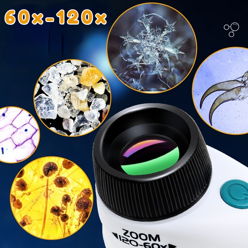 Crianças brinquedo da ciência microscópio 60-120x educacional mini bolso microscópio portátil com luz led crianças ao ar livre haste brinquedo presente