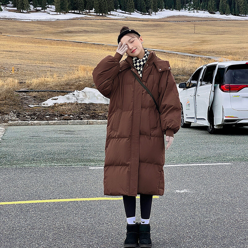 Jaket Korea wanita, Luaran panjang parka berkerudung Solid tebal hangat bantalan salju musim dingin 2023