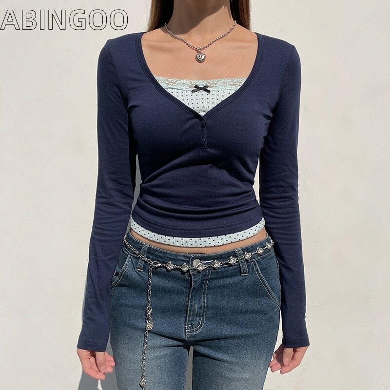 ABINGOO Spring / Autumn Women's Y2K T-Shirt With Lace Splice Fake Two Cute V-Neck Long Sleeves Slim Fit And Wave Dot Casual Top