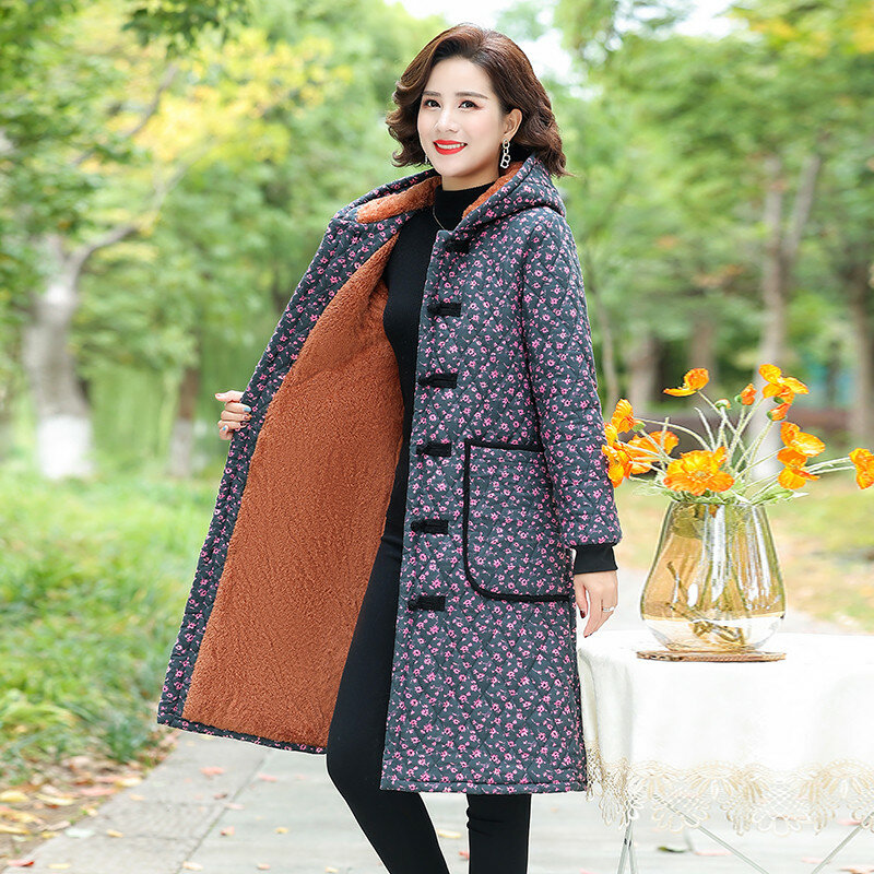 Womens parka Winter Jacket Hooded Long Coat Female Casual Thick Woman Parkas Vintage Printed Puffer warm Plush Jakcet