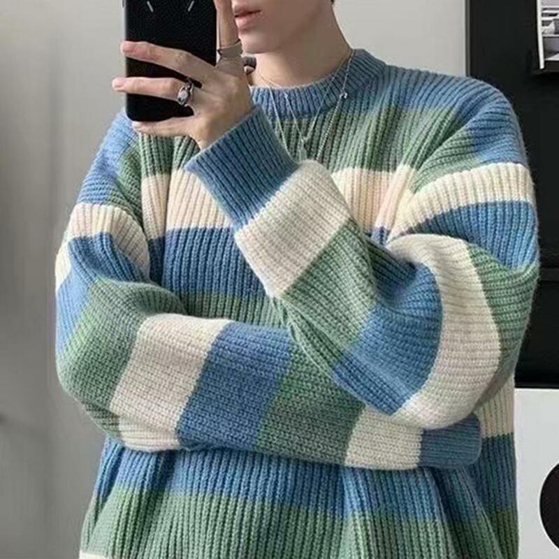 Sweater rajutan pria, Sweater Pullover leher O hangat tebal blok warna bergaris untuk musim gugur dan musim dingin