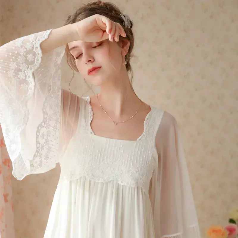 Vestido feminino de malha de renda bordado, pijamas manga comprida, camisolas vitorianas, pijamas princesa, branco doce