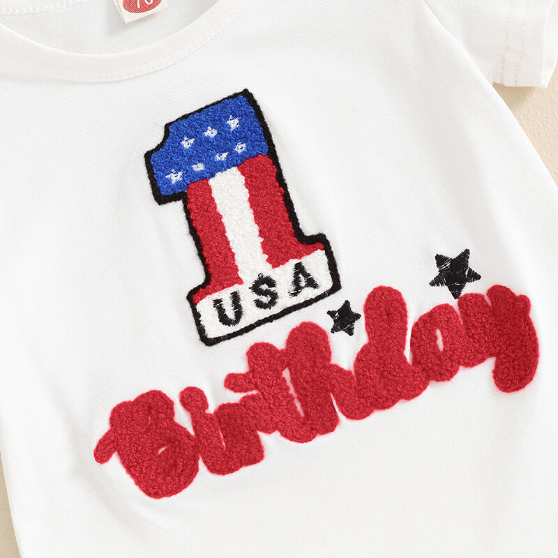 2024-04-02 lioraitiin Baby Girls 4th of July Sets White Short Sleeve Letter Embroidery Romper Star Stripe Print Culottes Sets