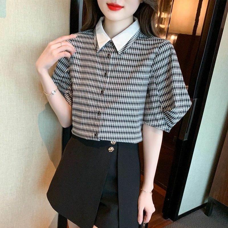 Fashion Lapel Printed Striped Puff Sleeve Shirts Female Clothing 2024 Summer New Loose Sweet Short Sleeve Tops Chic Blouses
