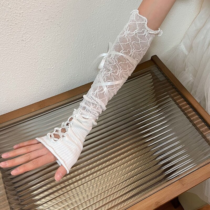 Lolita Fingerless Gloves Ruffled Floral Lace Elastic Elbow Gloves Balletcore Gloves for Wedding Bridal Prom Gloves