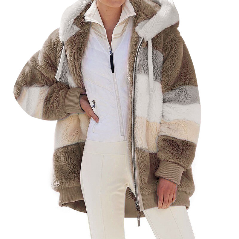 Sobretudo casual solto com capuz feminino, jaquetas soltas quentes, cores de contraste, zíper, fiapos, roupa térmica, outono, inverno