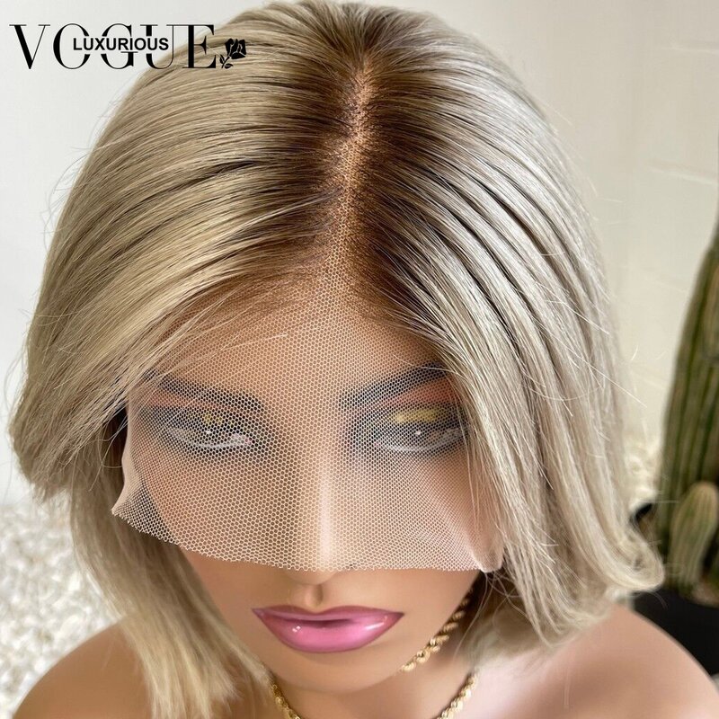 Ombre Ash Blonde Colored Wigs Brazilian Virgin Human Hair Silky Straight Wig Preplucked  13x4 13x6 HD Transparent Lace Frontal