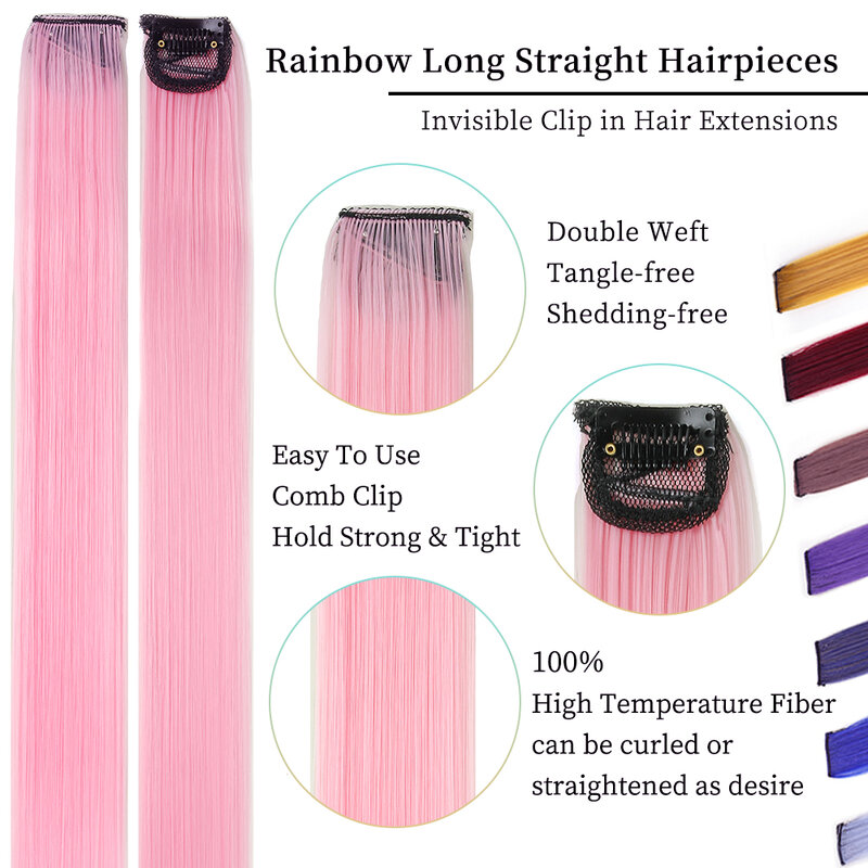 Syntetyczne kolorowe doczepiane włosy 24-calowe tęczowe długie proste treski klipsy w Halloween Cosplay element ubioru