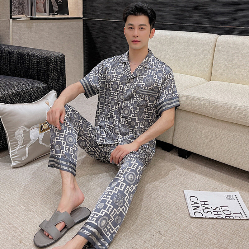 2024 Sommer Neuankömmling Pyjama Herren dünne Eisse ide Kurzarmhose einfacher Anzug plus Größe lässige Hauskleidung