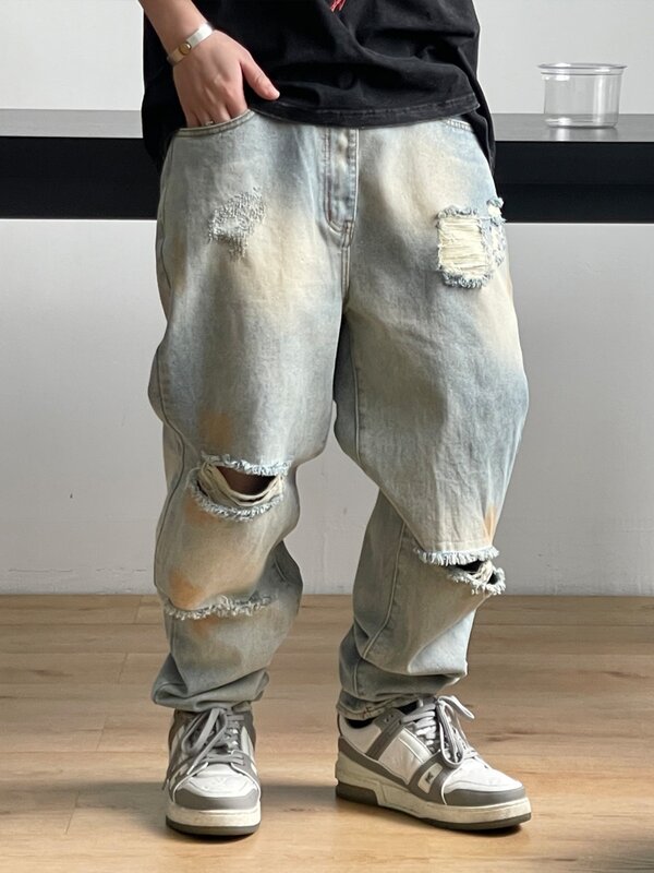 Streetwear Jeans sobek untuk pria, pakaian Amerika trendi celana Skateboard Harajuku kasual celana Denim robek pria